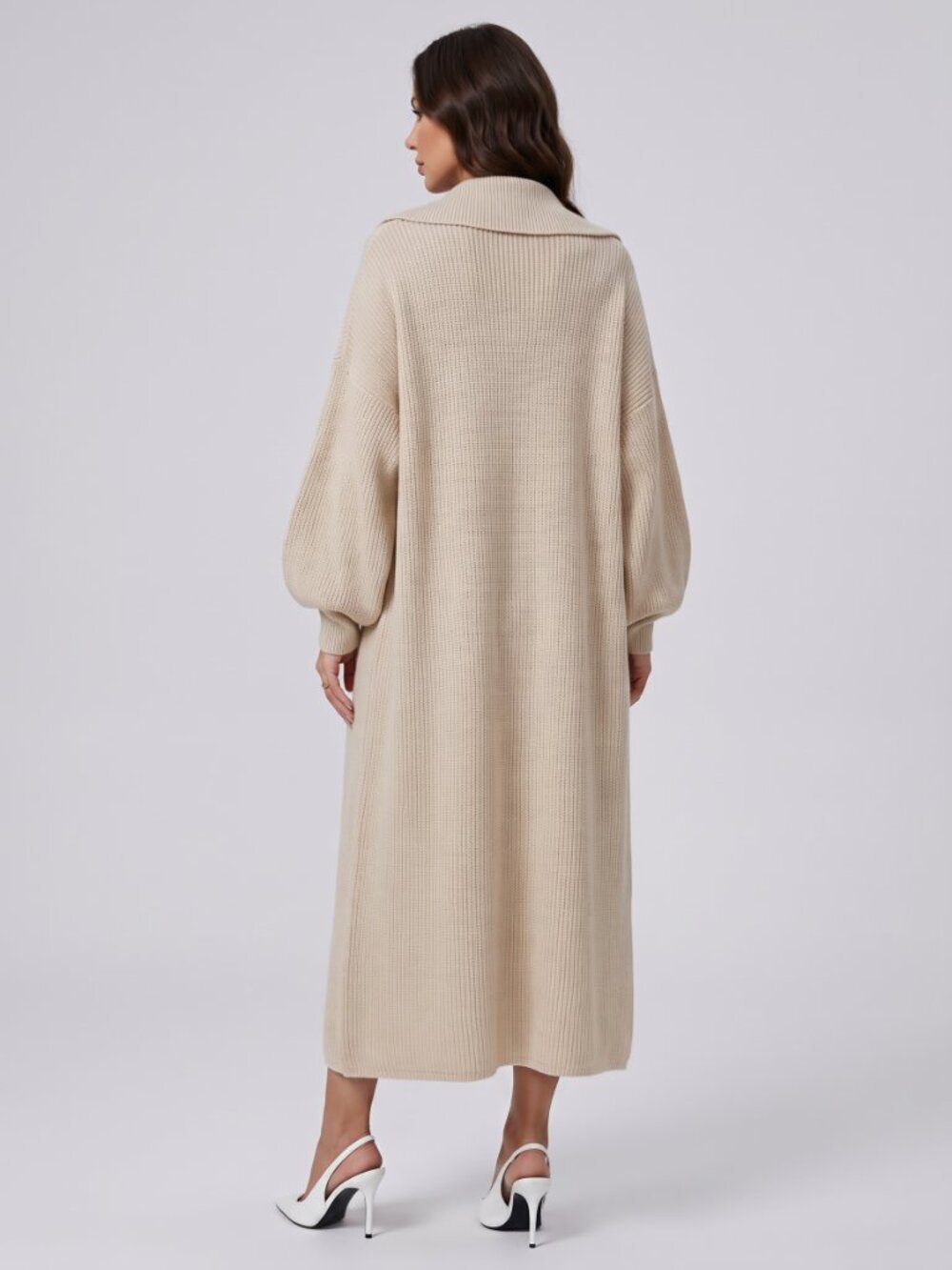 Women's Beige Ribbed Knit Maxi Sweater Dress Long Cardigan 2 Piece Set - Picture 5 of 5
